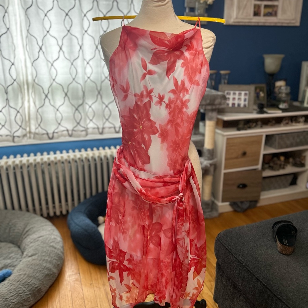 B. Smart Red and White Asymmetrical Halter Sundress